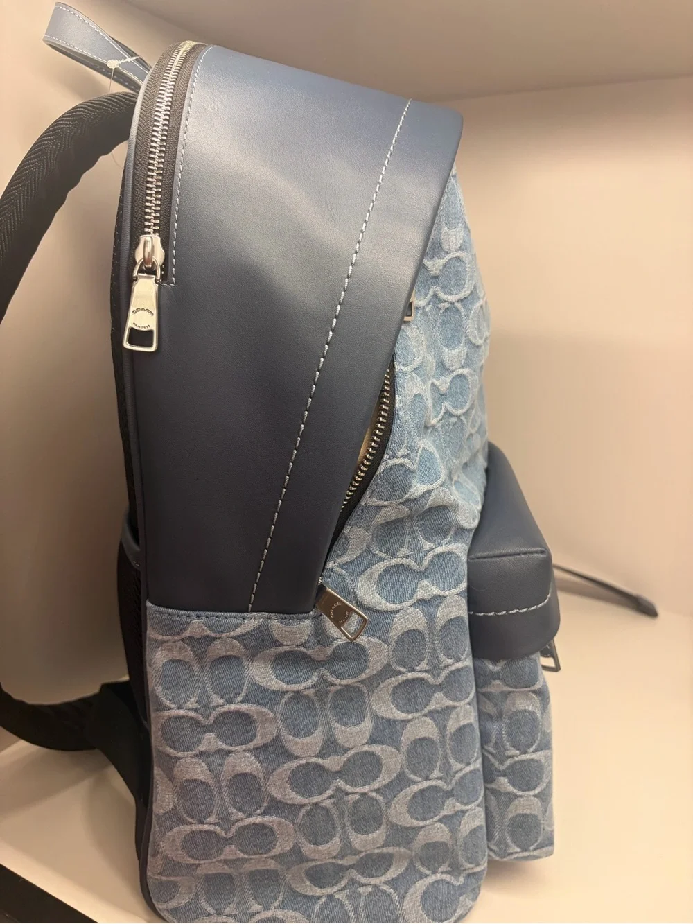 Coach Light Blue denim Signature Jacquard Backpack with Slate Trim blue leather